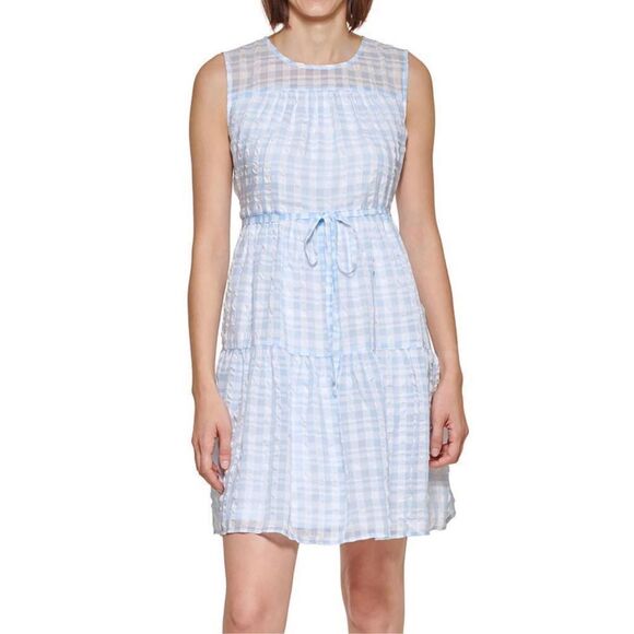 Calvin Klein Women’s Light Blue Gingham Summer Shift Dress Size 6 - Picture 1 of 11